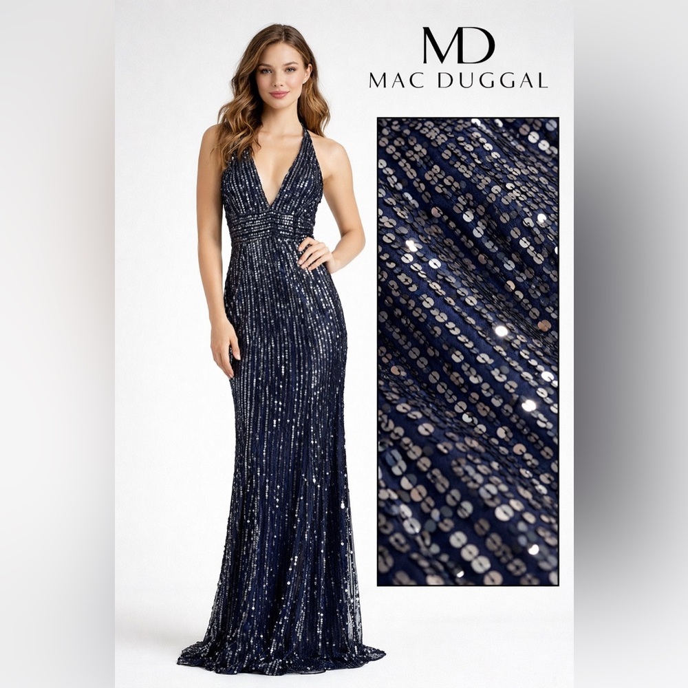 Mac Duggal Midnight Blue Sequin Halter Gown – Size 6 Formal Prom Evening Dress